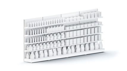 3D image of four Supermarket Shelving Showcase Displays with Shelves with packs staying in top side isometric view in the row on isolated white background. It can be seamless multiplied in one row