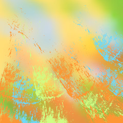 Bright abstract background yellow green with orange colors, blur. Paint splashes of pistachio, carrot and heavenly colors, careless brush strokes.