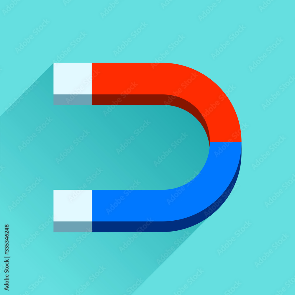 Poster blue and red horseshoe magnet icon in flat style, simple tool on color background. vector design ele