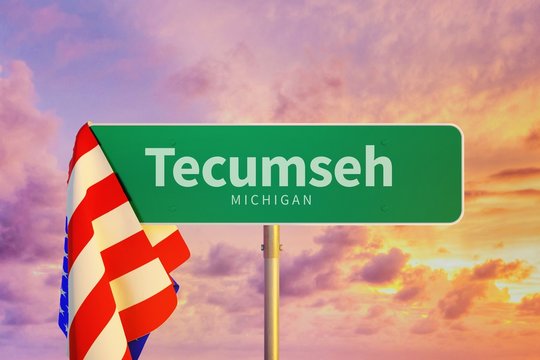Tecumseh &ndash; Michigan. Road or Town Sign. Flag of the united states. Blue Sky. Red arrow shows the direction in the city. 3d rendering