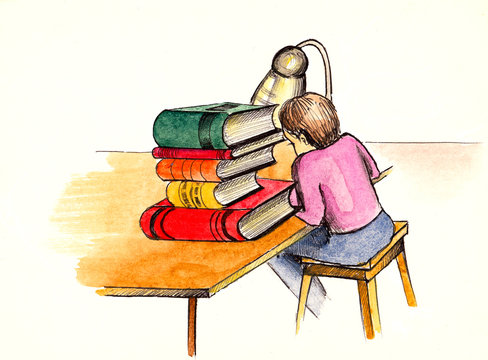 Girl sitting on a stack of books and studiing lessons. Distance learning from home. Original hand painted watercolor illustration of home quarantine process, isolated on white background