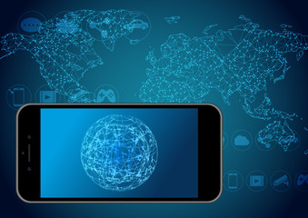 デジタルネットワークテクノロジー青色背景世界地図素材
