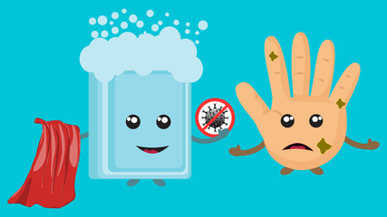 Wash hands soap vector sign ikon. Sign caution coronavirus. Dirty hand towel and soap