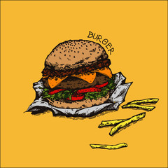 hamburger isolated on yellow background 