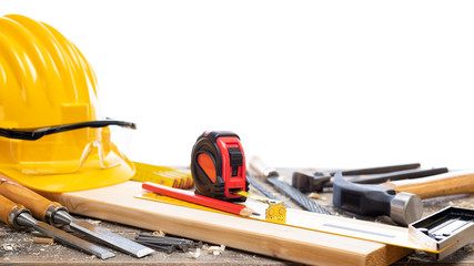 Close-up. Carpenter's workbench  with tools for woodworking. Construction industry. Isolated on a...