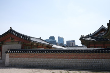 Fototapeta na wymiar Kyeongbokgung Palace (Main Royal Palace of Joseon Dynasty) and its architectural patterns