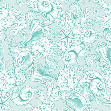Seashells line art pattern background, vector line art sketch sea shells, corals and starfish engraving. Marine and ocean seashells in turquoise blue, green for wedding and bridal decoration