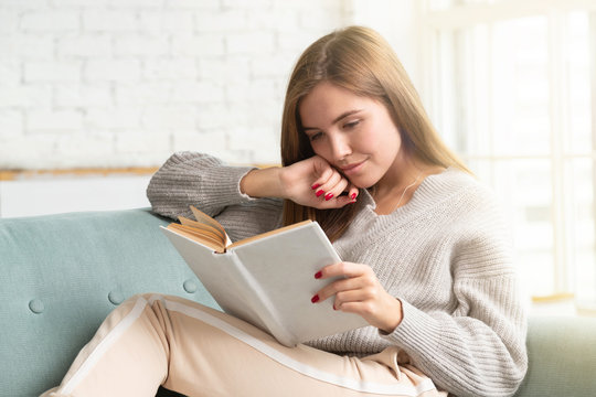 Young woman engaged in book reading sit on sofa. 