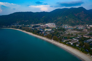 Fototapeta na wymiar Aerial drone view of tropical Kamala Beach area and Andaman Sea in Phuket, Thailand