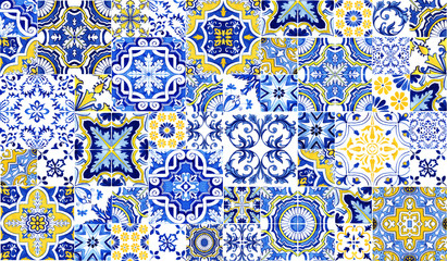 Azulejos tile wallpaper. Traditional Portuguese Mosaic, horizontal tile desoration. Watercolor artwork, blue and yellow tiles. Antique ceramics tileable, heritage. Old painted panel, floral pattern - 335351479