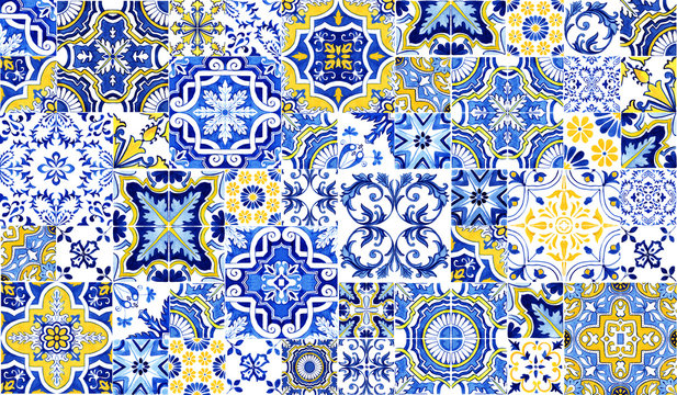 Azulejos tile wallpaper. Traditional Portuguese Mosaic, horizontal tile desoration. Watercolor artwork, blue and yellow tiles. Antique ceramics tileable, heritage. Old painted panel, floral pattern