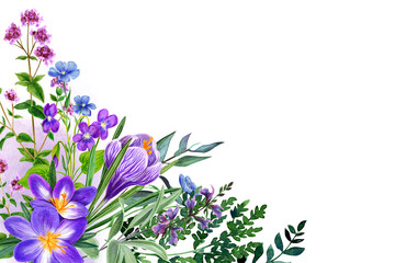 Watercolor field flowers, bright violet tints, corner frame