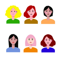 Vector set of different characters faces, avatars. Isolated. Hand drawn illustration. Hair style.
