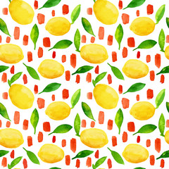 Fototapeta na wymiar Watercolor illustration. Seamless pattern with lemons and leaves, dots. Bright, summer design for textiles, decor, napkins, pillowcases.