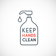 Keep your hands clean line icon. Use hand sanitiser. Coronavirus preventive concept. Sanitizer bottle isolated on white background. Stock vector design for Covid-19 awareness campaign.