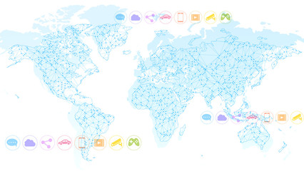 Fototapeta na wymiar Digital technology white background blue world map