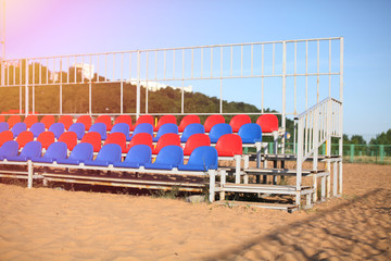 Empty Volleyball court at the city beach. Nobody is on the summer beach due to quarantine...