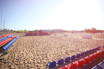 Empty Volleyball court at the city beach. Nobody is on the summer beach due to quarantine...