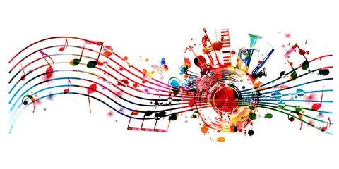  Muziekachtergrond met kleurrijke muziekinstrumenten en vinylverslagschijf vectorillustratie. Muziekfestival poster met dubbele bel euphonium, cello, trompet, piano, euphonium, sax en gitaar © abstract