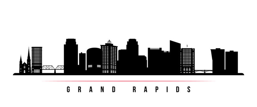 Grand Rapids skyline horizontal banner. Black and white silhouette of Grand Rapids, Michigan. Vector template for your design.
