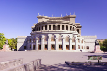 Fototapeta premium Aram Khachaturian Concert Hall and the monuments of armenian musicians of 19 century in the centre of old Yerevan city, Armenia.