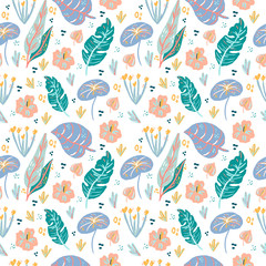 cute floral leavs doodle hand drawn flat seamless pattern. Cartoon abstract in scandinavian style. Wild rainforest animal. Grass branches with leaves, flowers and spots design element. Tropical