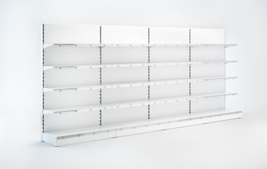 3D image Four Supermarket Showcase Displays with Shelves staying in the row on white background