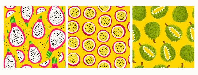 Fresh juicy Dragon fruit, Passion Fruit and Durian. Cut in half. Product of Thailand. Tasty slice or piece. Hand drawn colored Vector illustrations. Set of three seamless Patterns, Backgrounds