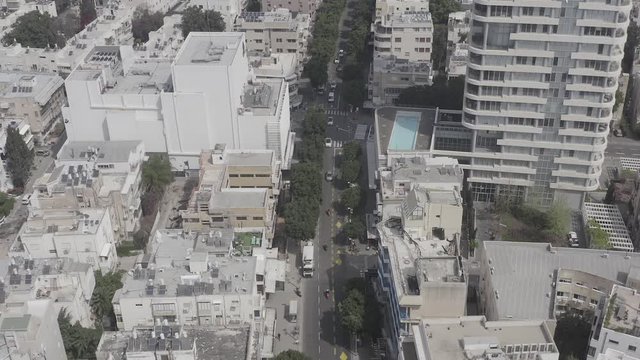 Corona Virus lockdown, Tel Aviv Dizengoff square, Aerial view or the square and surrounding buildings during Government lockdown guidelines.
