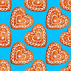 Watercolor of seamless pattern with Christmas sweet desserts and cookies. Endless texture for festive design and holiday decoration.