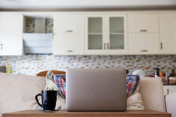 Unrecognizable man chilling on couch with hands behind head, watching shows online. Staying home during quarantine self isolation period. Living room interior, kitchen background. Copy space, close up