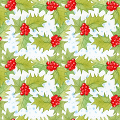 Festive endless texture. Watercolor of Ilex or holly. Soft color, contour, hand drawn.