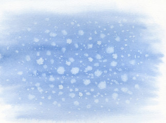 Winter watercolor abstract background with falling snow splash texture. Sky blue Christmas, New Year painted template. Hand drawn snowfall with watercolour stains.