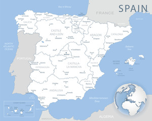 Blue-gray detailed map of Spain and administrative divisions and location on the globe.