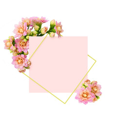 Pink calanchoe flowers and buds in a corner arrangements with card and frame
