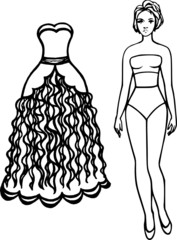 Dress for the doll. Black and white sketch of a fashionable dress