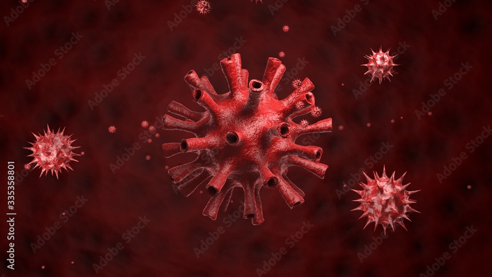 Aufkleber 3d rendering of a red virus with tubes and tentacles on a red background. illustration of the danger