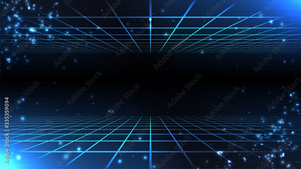 Poster synthwave background. two horizontal perspective grids on dark backdrop. glittering particles. stock