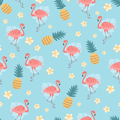 Fototapeta na wymiar Flamingo seamless pattern Tropical print Cute pineapple flowers on summer blue background Decorative paper