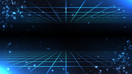 Synthwave background. Two horizontal perspective grids on dark backdrop. Glittering particles. Stock vector illustration