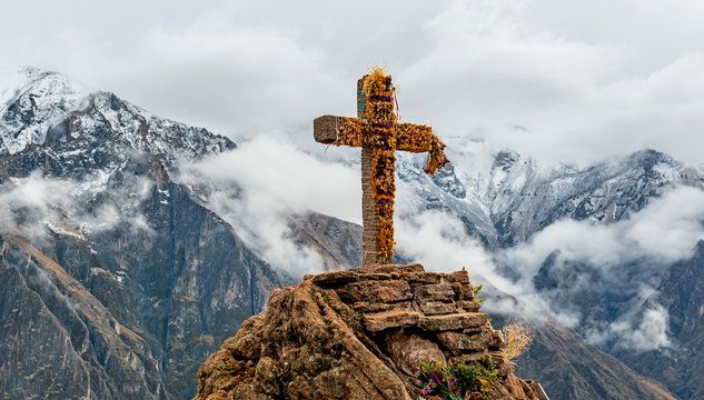 Panoramic photograph of the Cross of the Condor, the famous place in the Colca Canyon for bird watching and spot the Andean Condor, Arequipa region, Peru.