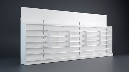Four Supermarket Showcase Displays with Shelves, stoppers and toppers staying in the row on dark background