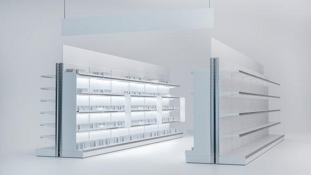 3D image of mockup for store category with stoppers, toppers, shelf talkers and entering signboard. With lights on the shelfs.