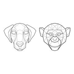 Set of two polygonal abstract heads of a dog and a monkey. Vector illustration