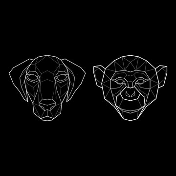 Set of two polygonal abstract heads of a dog and a monkey. Vector illustration