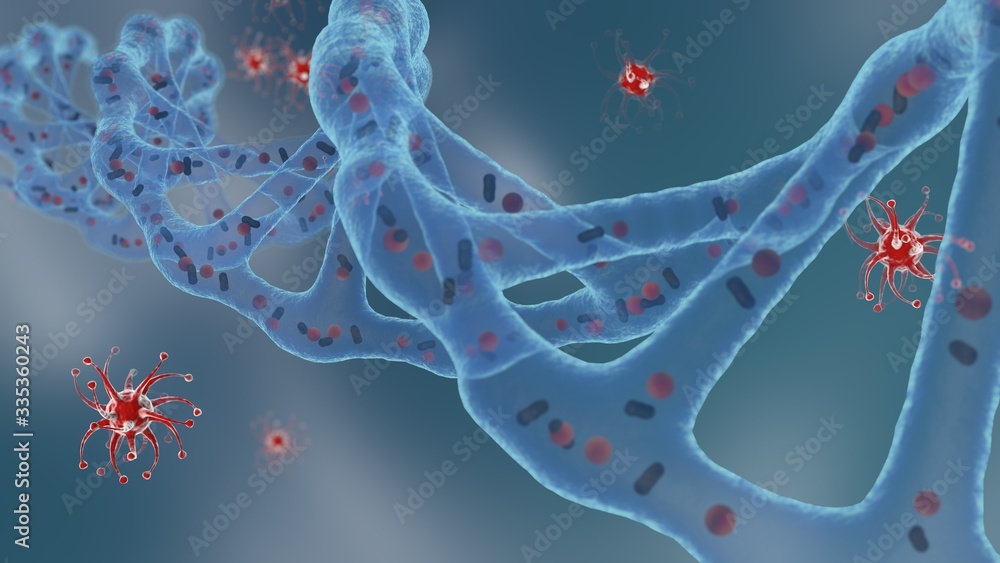Poster 3d rendering of a dna molecule with a lot of bacteria, viruses in the environment. medical backgroun