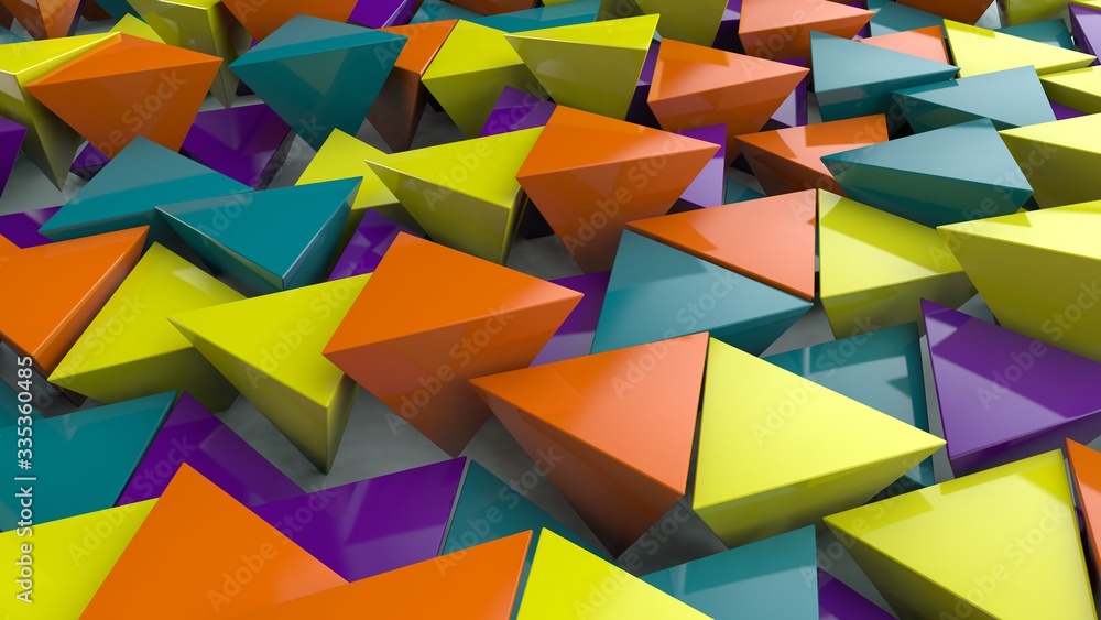 Poster 3d rendering of a high-quality abstract multicolored background. many pyramids of different colors a