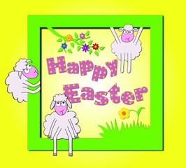 Happy Easter concept. Vector illustration with funny sheep and flowers