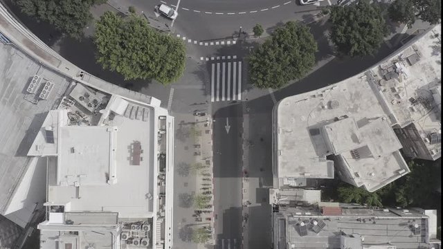 Corona Virus lockdown, Tel Aviv Dizengoff square, Aerial view or the square and surrounding buildings during Government lockdown guidelines.