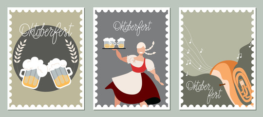 Oktoberfest card set. Trendy hand drew vector card designs in told postal stamp style. Tuba and melody, waitress holding beer on a plate, beer mugs in a circle. Traditional Oktoberfest female costume.